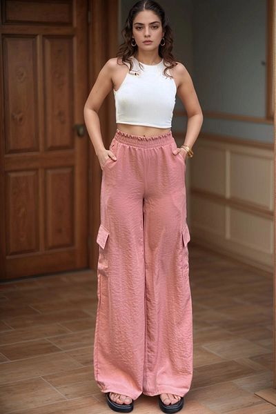 bacc Women's Dusty Rose Side Pocket Elastic Waist Loose Wide Leg Loose Trousers Bcbsk-25700-3600