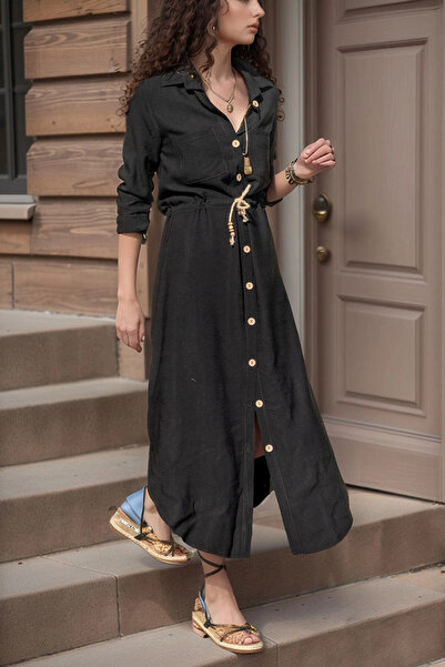 bacc Crna lanena košulja-haljina sa skupljenim strukom i slamnatim pojasom