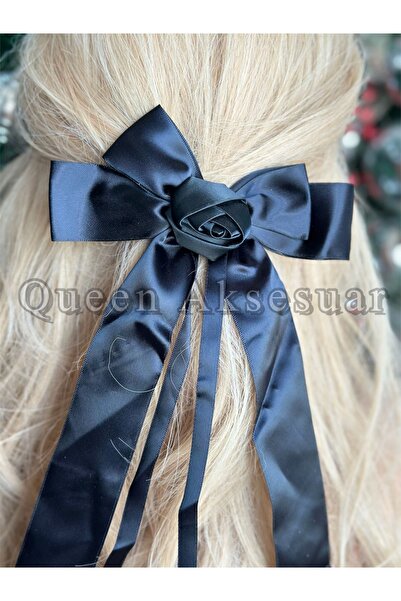 QUEEN AKSESUAR Panglică de lux cu fundă din satin, cu ornamente de trandafiri, cu coadă lungă, cu închidere automată, neagră