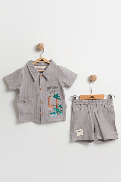 Mini Baray Organic 100% Cotton Giraffe Printed Baby Boy Summer Set with Pockets 9-12-18 Months - Muslin Fabric