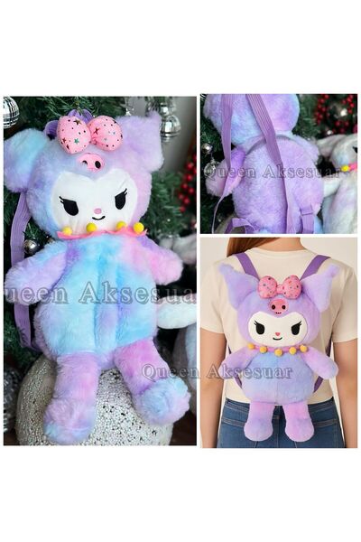 QUEEN AKSESUAR Dev 50cm mor pembe geçişli gökkuşağı Renkli Kuromi Karakter Peluş oyuncak Sırt Çantası