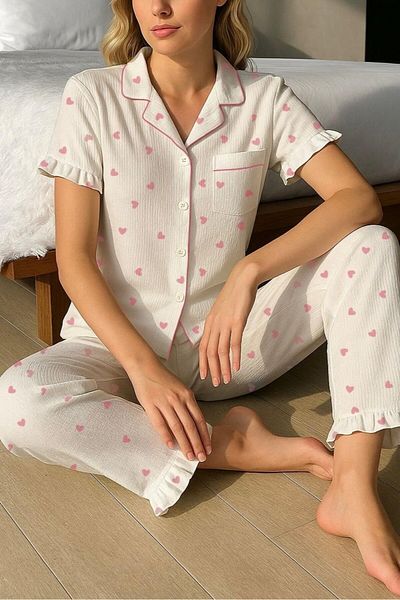 BELLA NOTTE Short Sleeve Pink Heart Patterned Pajama Set