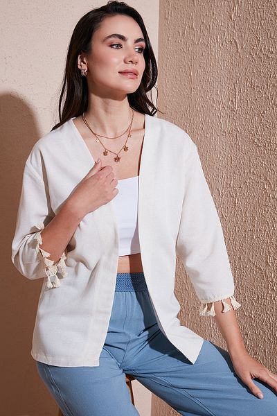 Lela Cotton and Linen Blended Tassel Detailed Regular Fit Long Kimono Cardigan Cardigan 5869015