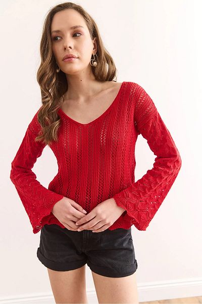 K-ODEA BUTİK Red Openwork Spanish Kol Seasonal Knitwear Sweater