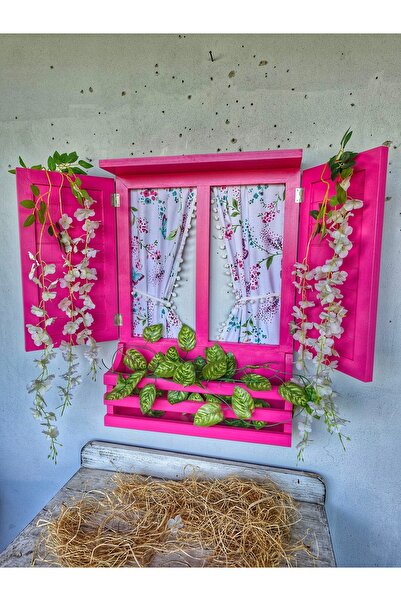 Home El boyaması ahşap panjurlu perdeli pencere, balkon duvar dekoru ,çiçekle...