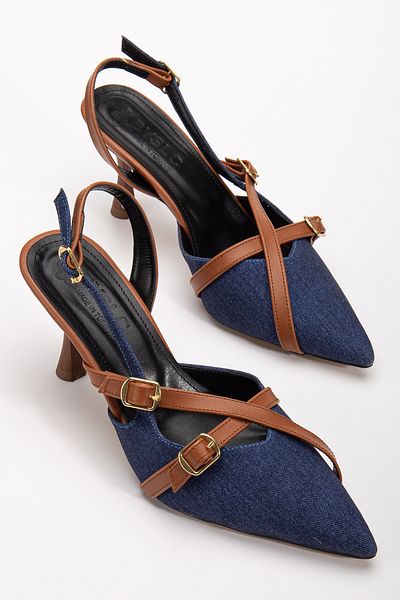 AYENDE MODA Navy Blue Denim Pointed Toe Closed Buckle Open Back Stiletto Shoes