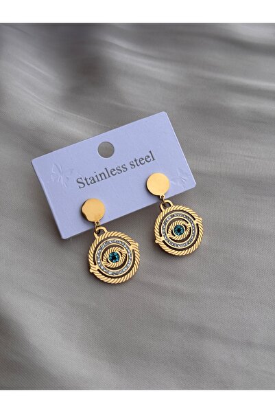 HERCY 316 L Paslanmaz Çelik Küpe | Zirkon Taşlı Göz Küpe | Gold Sallantılı Küpe
