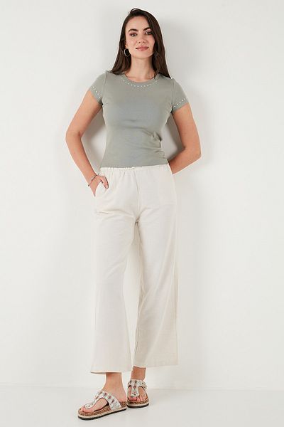 Lela Linen Blended Regular Fit Normal Waist Wide Leg Trousers Pants 5866030