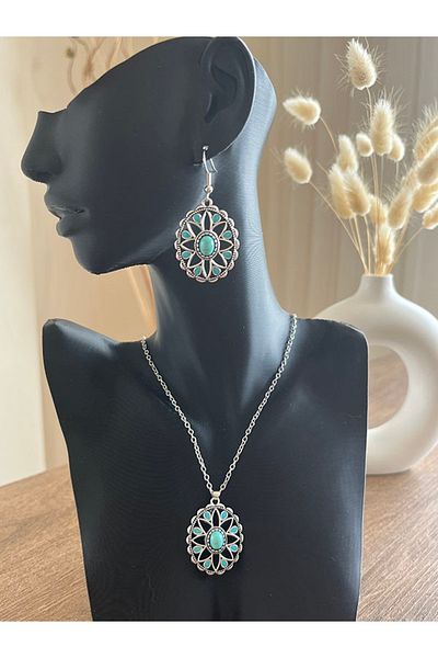 Büyük Hanım Ethnic Style Acrylic Motif Metal Necklace Earring Set