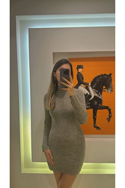 Vizon Dik Yaka Fitilli Mini Triko Elbise