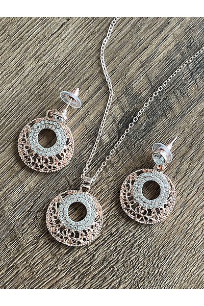 Büyük Hanım Geometric Carved Motif Shiny Stone Necklace Earring Set