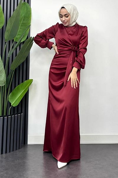 Tesettür Diyarı Satin Hijab Evening Dress with Tie Waist Detail
