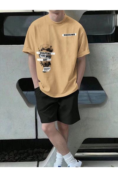 LEONE KOLEKSİYON Beige&Black Sculpture Printed Short Sleeve T-Shirt and Shorts Double Set