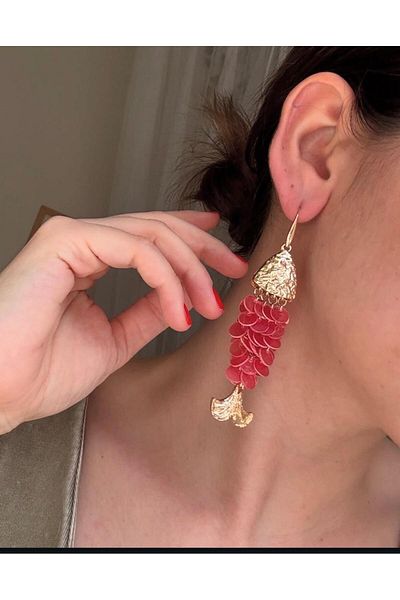 H&S AKSESUAR Zr Model Fish Scale Round Long Earrings Colorful