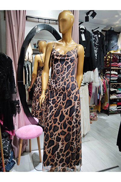 MODA Leopar Desenli Likralı Dekolte Uzun Şifon Elbise