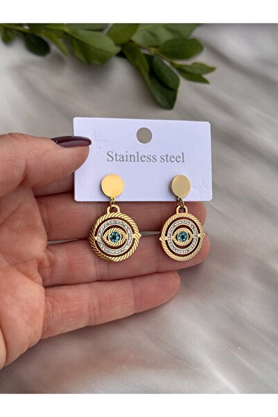 HERCY 316 L Paslanmaz Çelik Küpe | Zirkon Taşlı Göz Küpe | Gold Sallantılı Küpe