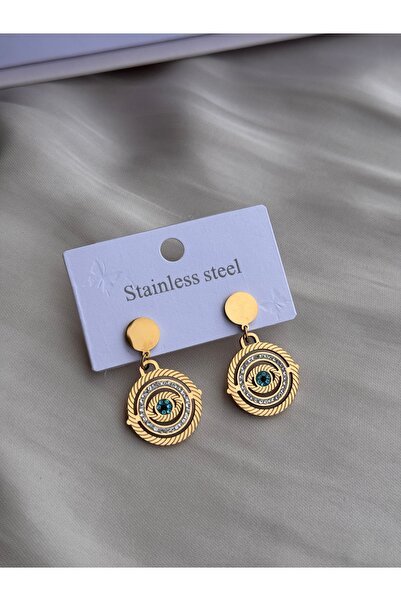 HERCY 316 L Paslanmaz Çelik Küpe | Zirkon Taşlı Göz Küpe | Gold Sallantılı Küpe