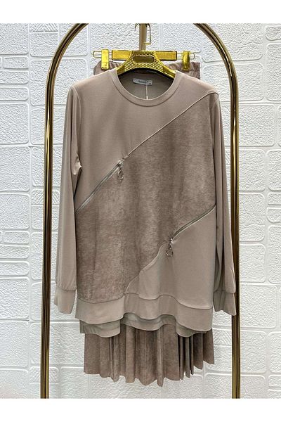 Zeynep Butik Clemence Knitted Crepe Fabric Leather Look Detailed Zipper Accessory Skirt Suit 1838