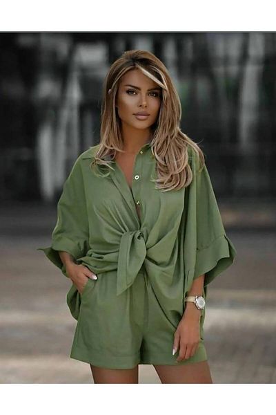 dshee woman Linen Back Long Casual Shirt Shorts Suit