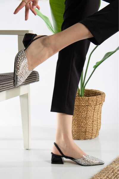 Elegant steps Kadın Enju Kısa Topuklu Cam Kırığı Taşlı Ayakkabı Arkası Lastik...