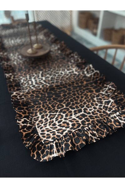 KaiHome Leopard Linen Rectangular Ruffle Runner 50cm X 150cm