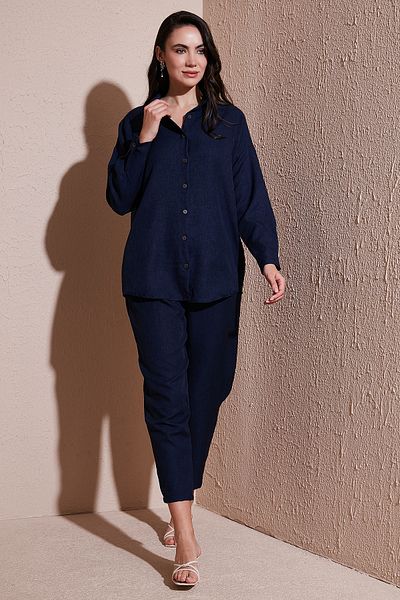Lela Linen Blended Regular Fit Elastic Waist Long Sleeve Bottom Top Set Set 6696622