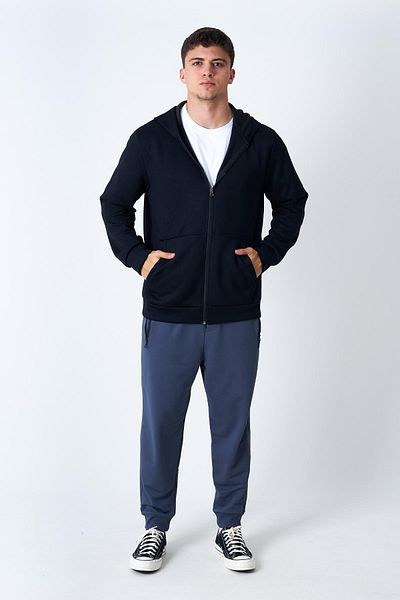Behind Look Hooded Zippered Kangaroo Pocket Modal Sweat Black