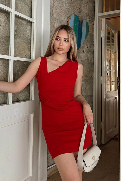 Swist Red Asymmetrical Neckline Draped Women's Mini Dress