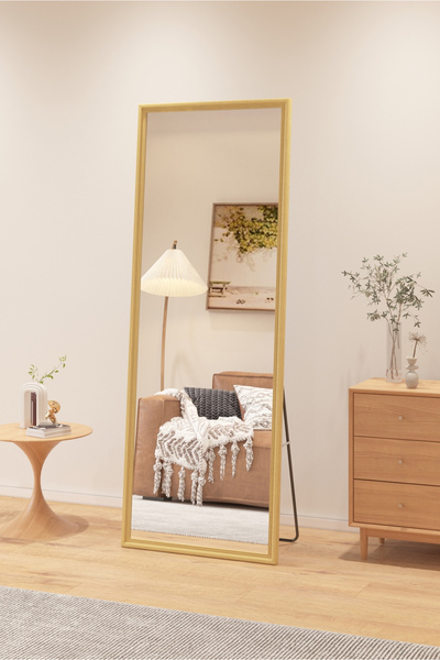 Generic Full-Length Mirror Floor Metal Mirror with Wooden Style160x50cm Biege
