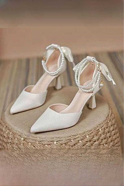 Modavien Women's 7 cm Beige Bridal Shoes with Pearls