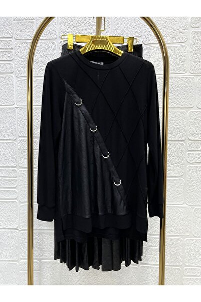 Zeynep Butik Clemence Knitted Crepe Fabric Leather Look Detailed Skirt Suit 1839