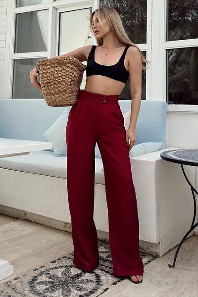 Swist Burgundy Double Button Pleated Women's Palazzo Linen Trousers