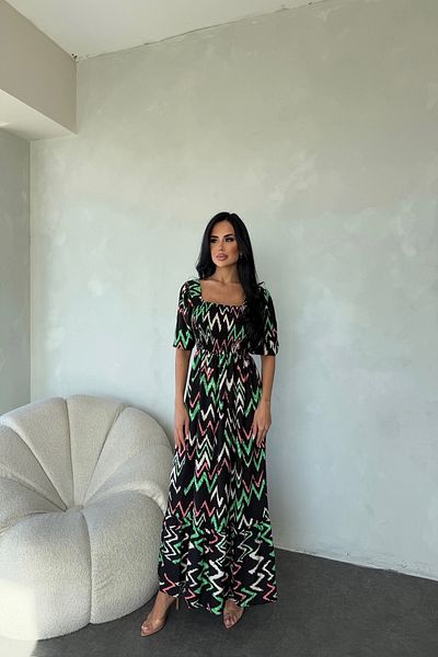 LİLA İSTANBUL Square Neck Watermelon Sleeve Gimped Ethnic Patterned Summer Dress