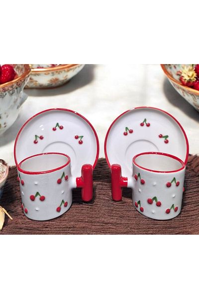 İZart 2' Li t Handle - Cherry Patterned Special Embossed Hand Embroidered 4 Piece 2 Person Cup Set