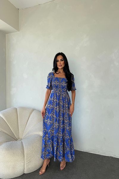 LİLA İSTANBUL Square Neck Watermelon Sleeve Gimped Ethnic Patterned Summer Dress