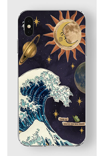 moonset Iphone XS Max Uyumlu Dalga ve Güneş Tasarımlı Baskılı Şeffaf Telefon ...