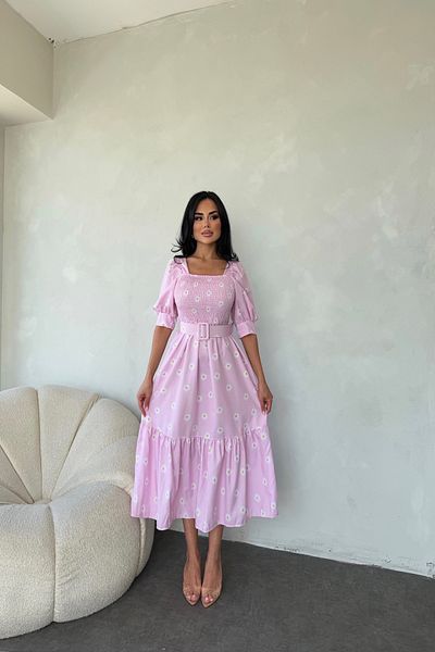 LİLA İSTANBUL Square Neck Belted Daisy Patterned Summer Dress