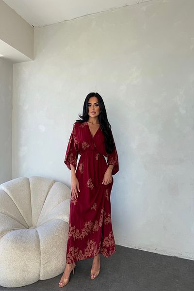 LİLA İSTANBUL Double Breasted Collar Viscose Fabric Bat Sleeve Ethnic Patterned Summer Dress