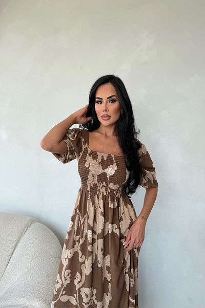 LİLA İSTANBUL Square Neck Watermelon Sleeve Gimped Ethnic Patterned Summer Dress