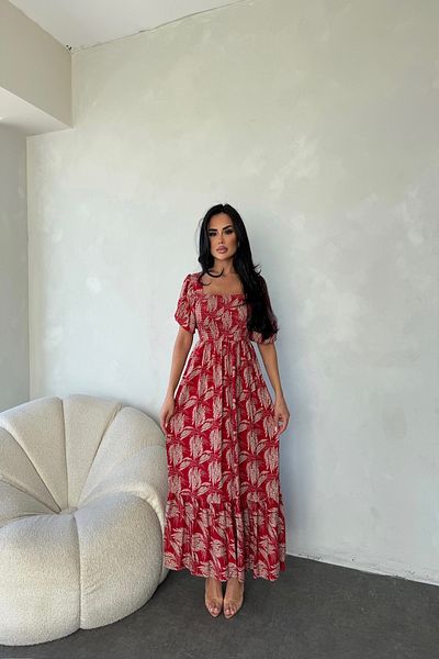 LİLA İSTANBUL Square Neck Watermelon Sleeve Gimped Ethnic Patterned Summer Dress