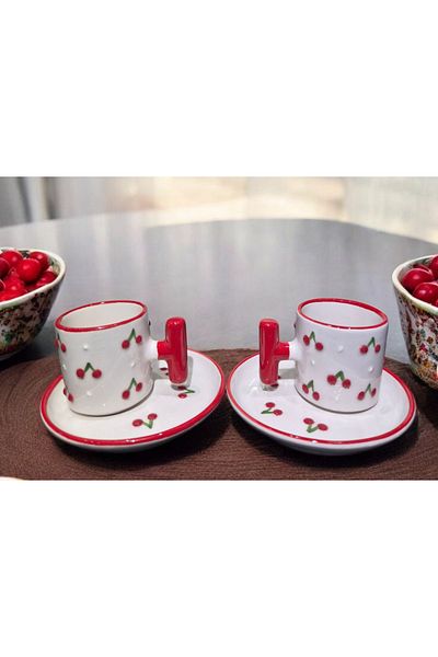 İZart 2' Li t Handle - Cherry Patterned Special Embossed Hand Embroidered 4 Piece 2 Person Cup Set