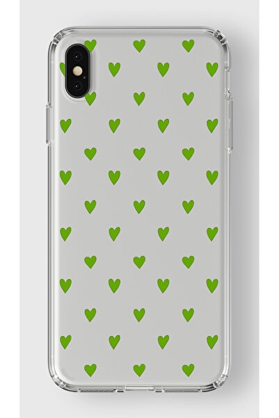 moonset Iphone XS Max Uyumlu Yeşil Kalpler Tasarımlı Baskılı Şeffaf Telefon K...