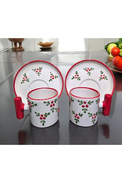 İZart 2' Li t Handle - Koki̇na Patterned Special Embossed Hand Embroidered 4 Piece 2 Person Cup Set