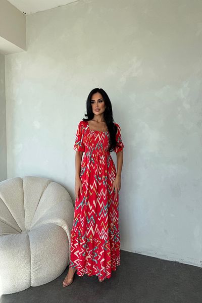 LİLA İSTANBUL Square Neck Watermelon Sleeve Gimped Ethnic Patterned Summer Dress