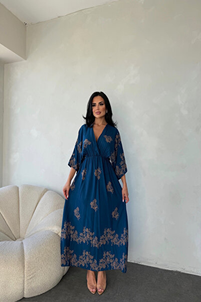 LİLA İSTANBUL Двобортний комір з віскозної тканини з рукавом летюча миша з етнічним візерунком