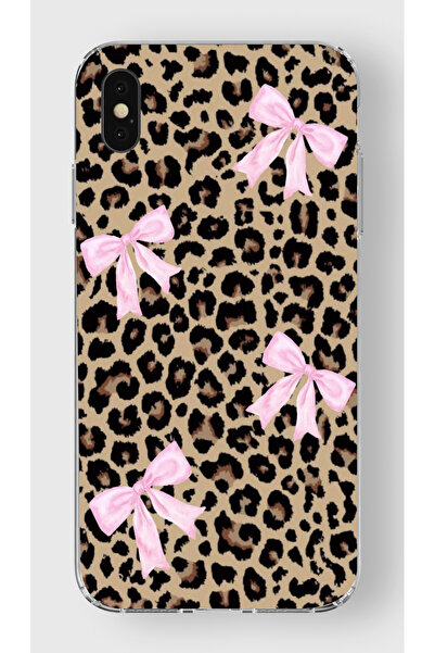 moonset Iphone X / XS Uyumlu Leopar ve Fiyonk Tasarımlı Baskılı Şeffaf Telefo...