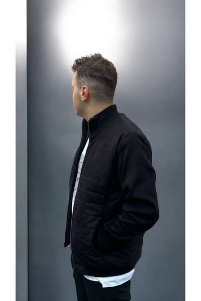 imoop design Erkek  Triko Kombinli Süet Garni Kapitoneli Bomber Yaka Mont