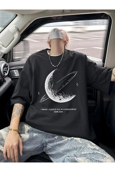 TUA MODA Tua Moda Printed Oversize Crew Neck T-Shirt - Black