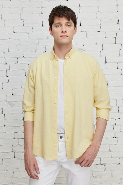 AC&Co / Altınyıldız Classics Men's Yellow Comfort Fit Relaxed Cut Button Collar Casual Linen Shirt