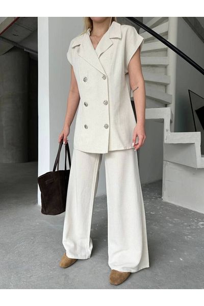 MODAVERA Linen Zero Sleeve Blezer Jacket Trousers Double Set - White